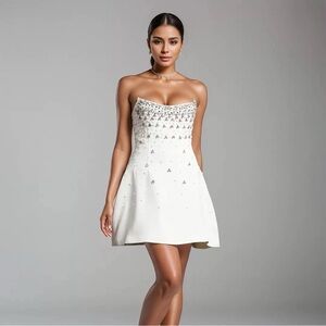 White Mini Dress • Crystals & Pearls •  Size S